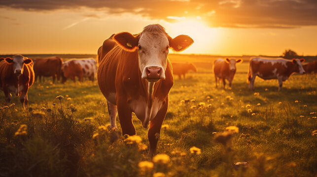 Close-up of cows in the soft, golden light of sunset, focusing on their gentle expressions and the pastoral landscape