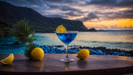 Blue cocktail in a beautiful glass, lemon, evening against the sea beverage