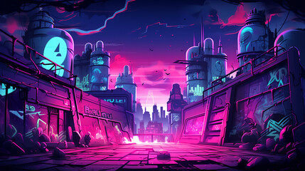 Urban scene with graffiti tags in neon colors, capturing the essence of modern hi-tech and...