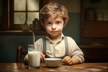 Obraz na płótnie Canvas Creamy Little boy yogurt. Milk breakfast little kid meal. Generate Ai