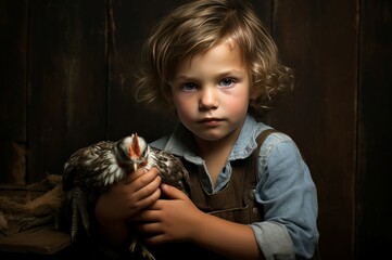 Little girl with chicken. Farmer girl feed. Generate Ai