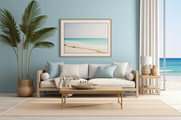 Coastal living room with a sky-blue wall, an empty mockup frame, and breezy, beach-inspired decor 8k,