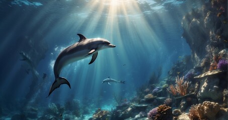 A captivating underwater vista showcasing the deep blue sea, with a majestic dolphin leaping high above, its form outlined against the sunlight-Generative Ai