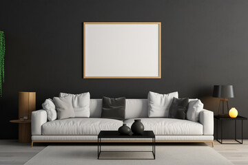 Contemporary living room with a matte black wall, a sleek empty mockup frame, and modern art pieces 8k,