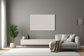 Contemporary living room with a sleek grey wall, featuring an empty mockup frame above a modern media unit 8k,
