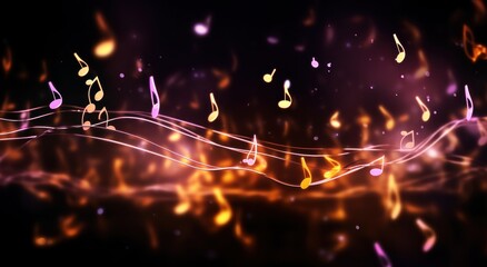 music notes flying behind a black background