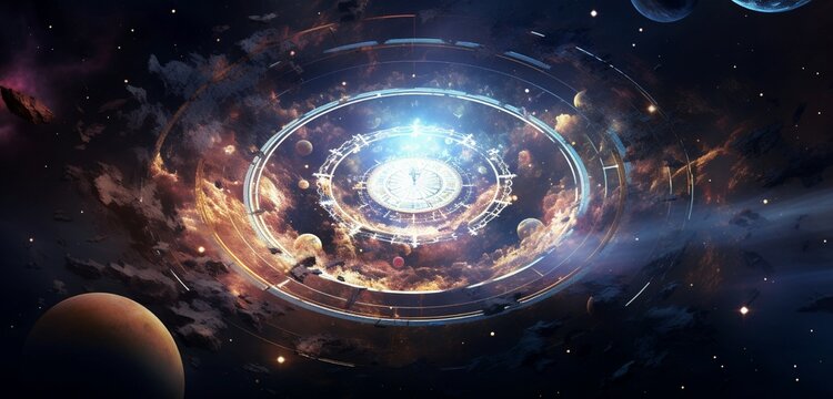 A conceptual exploration of time and space illustrated through celestial motifs and cosmic gradients within a  canvas.
