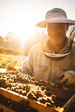 Beekeeper with hives, golden hour lighting