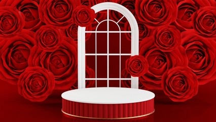  3d render valentine's day with pink podium display for product in love, rose and heart with cylinder podium stand to show cosmetic product on background.