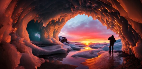 photographer taking picture in an ice cave near sunset