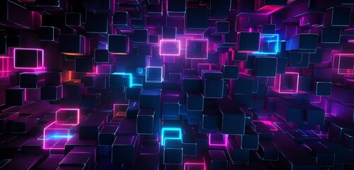 A digital abstract background with interwoven geometric shapes in vibrant neon hues against a dark cosmic backdrop.