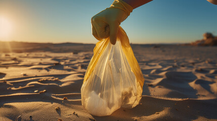 Person wearing gloves holding a bag filled with collected trash, participating in a beach cleanup - obrazy, fototapety, plakaty