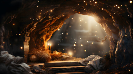 Christian Christmas scene with star of Bethlehem in cave. Birth of Jesus Christ, nativity scene background