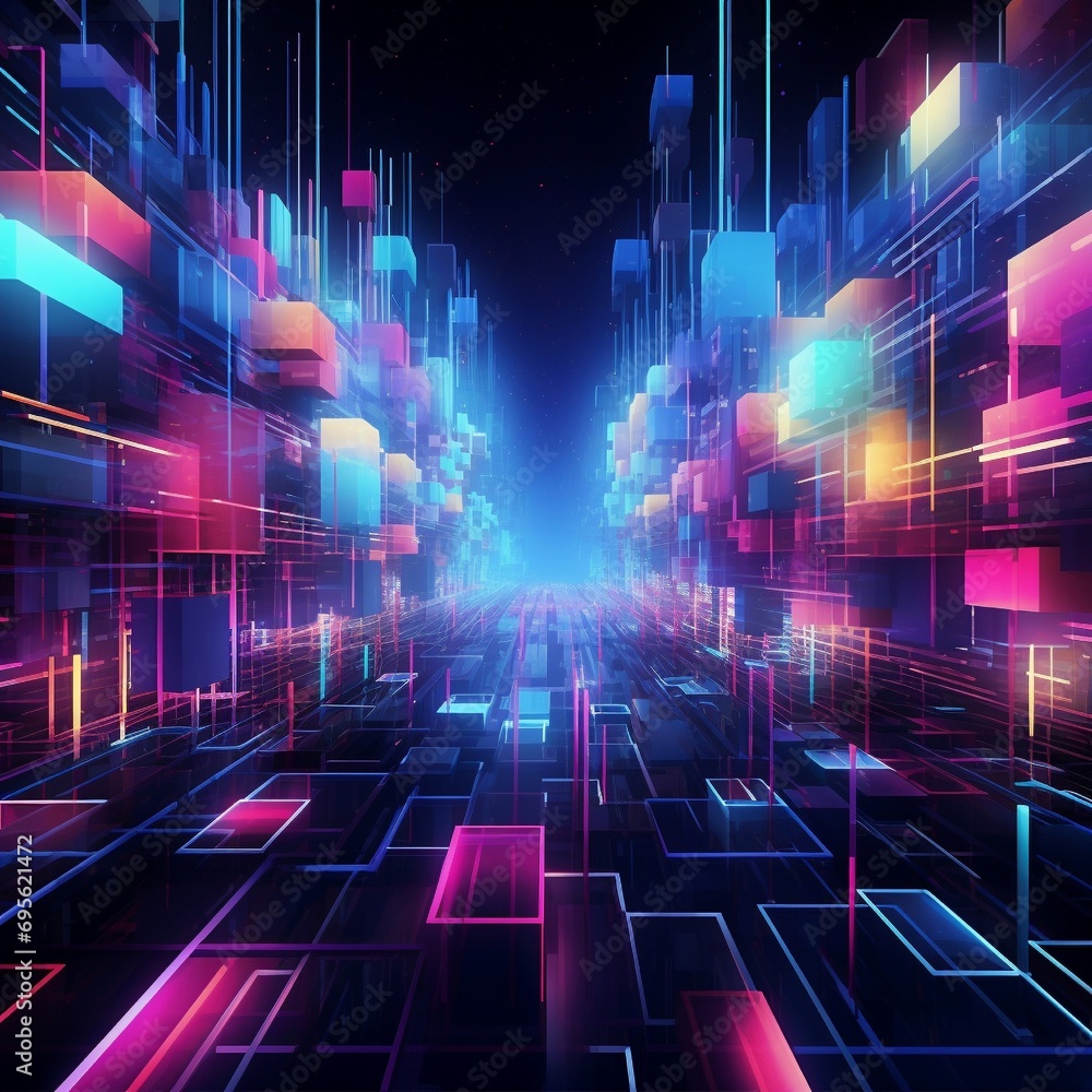 Wall mural a digital abstract background with vibrant geometric shapes and neon hues intertwining against a bac