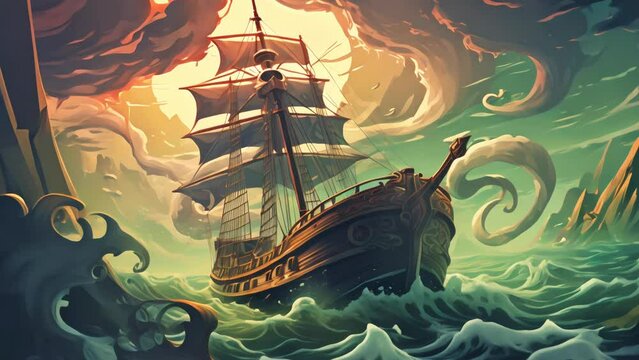 A cartoony pirate ship in the seven seas swirling animation