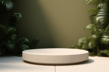 on a table with green plantation background a white pedestal