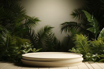 on a table with green plantation background a white pedestal
