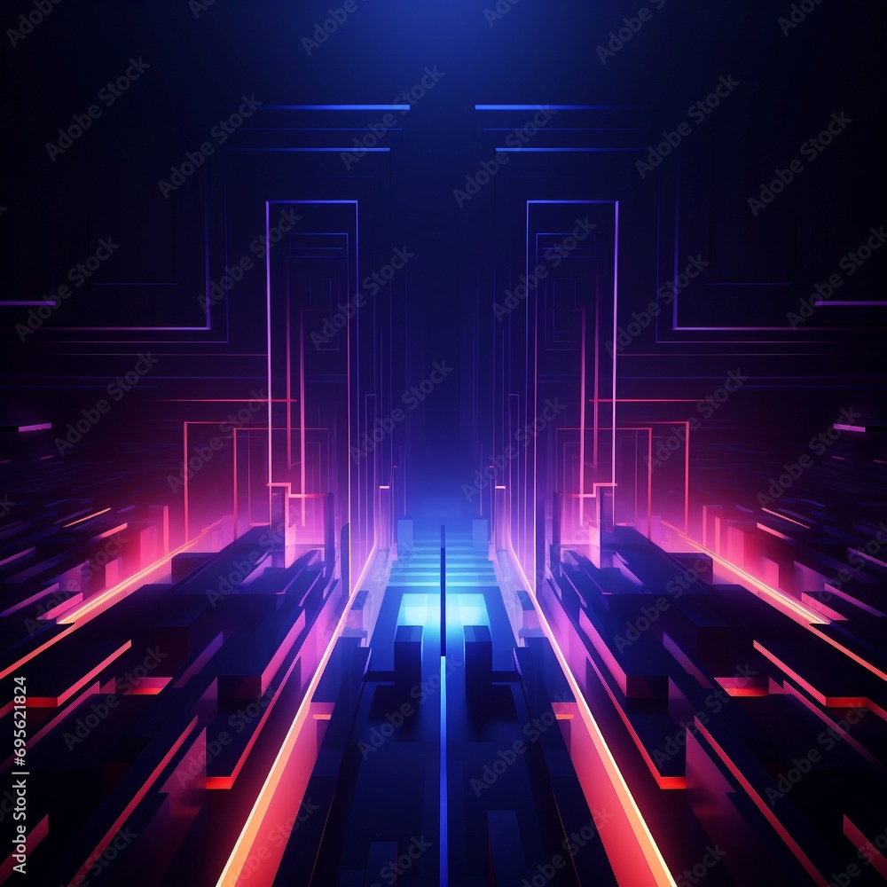 Wall mural a dynamic digital abstract background with neon geometric shapes and vibrant gradients on a dark bac