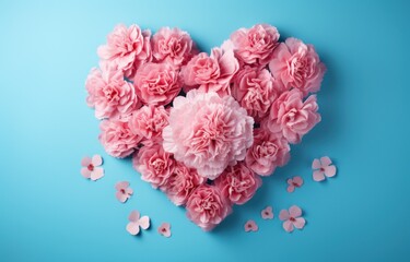 pink carnations with heart shape on the blue background