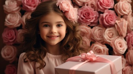 little girl holding a gift box with pink roses