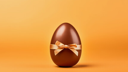 illustration with a chocolate egg and a golden ribbon against orange background with copy space - obrazy, fototapety, plakaty