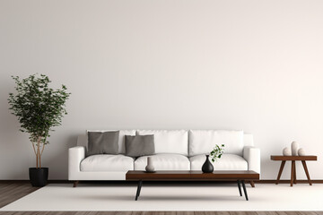 A minimalist living room with a large empty wall mockup, a sleek white sofa, and a striking black coffee table.