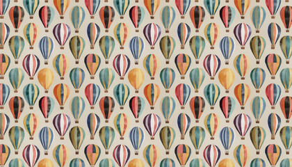 retro pop hand drawn watercolor seamless pattern, vector graphic resources, 16:9 widescreen wallpaper / backdrop, hot air balloon motif