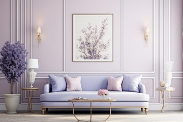 French country living room with a lavender wall, an elegant empty mockup frame, and soft, romantic furnishings 8k,