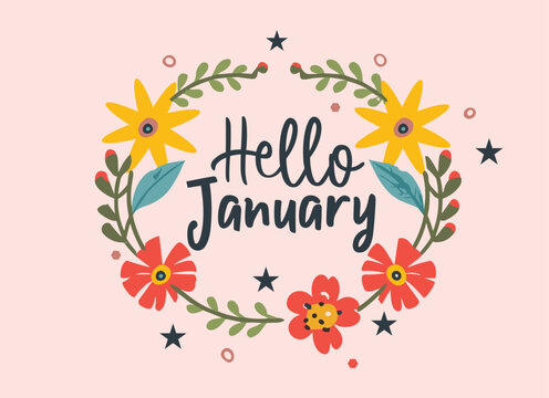 Hello JANUARY. January month vector with flowers and leaves. Decoration months of the year. Illustration January