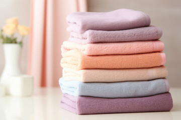 Fototapeta na wymiar Stack of folded clean soft pastel colored towels. Generative AI
