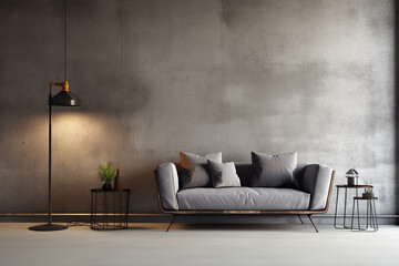 Industrial living room with a raw concrete wall, an empty mockup frame, and metal accents in decor 8k,