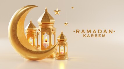 3d Ramadan Kareem with golden moon star  and lantern, mosque door islamic pattern, arabic coffee pot, date palm fruit, podium as luxury islamic background. decoration for ramadan kareem, eid mubarak. - obrazy, fototapety, plakaty