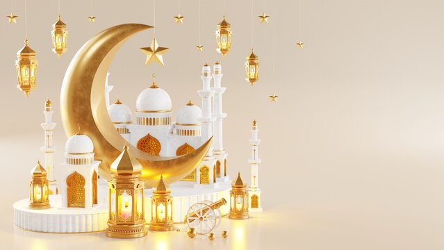 3d Ramadan Kareem with golden moon star  and lantern, mosque door islamic pattern, arabic coffee pot, date palm fruit, podium as luxury islamic background. decoration for ramadan kareem, eid mubarak.