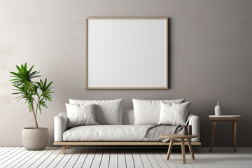 Minimalist living room with an ash grey wall, a simple empty mockup frame, and clean, uncluttered design 8k,