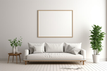 Minimalist living room with pure white walls, a central empty mockup frame, and simple, elegant furniture 8k,