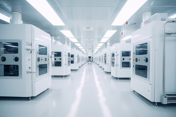 A clean room in a semiconductor manufacturing factory. technology concept.