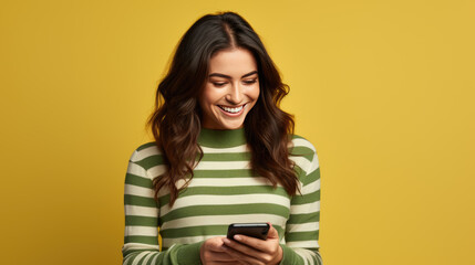 Fototapeta premium Woman is using a smartphone, wearing a striped sweater against colored background