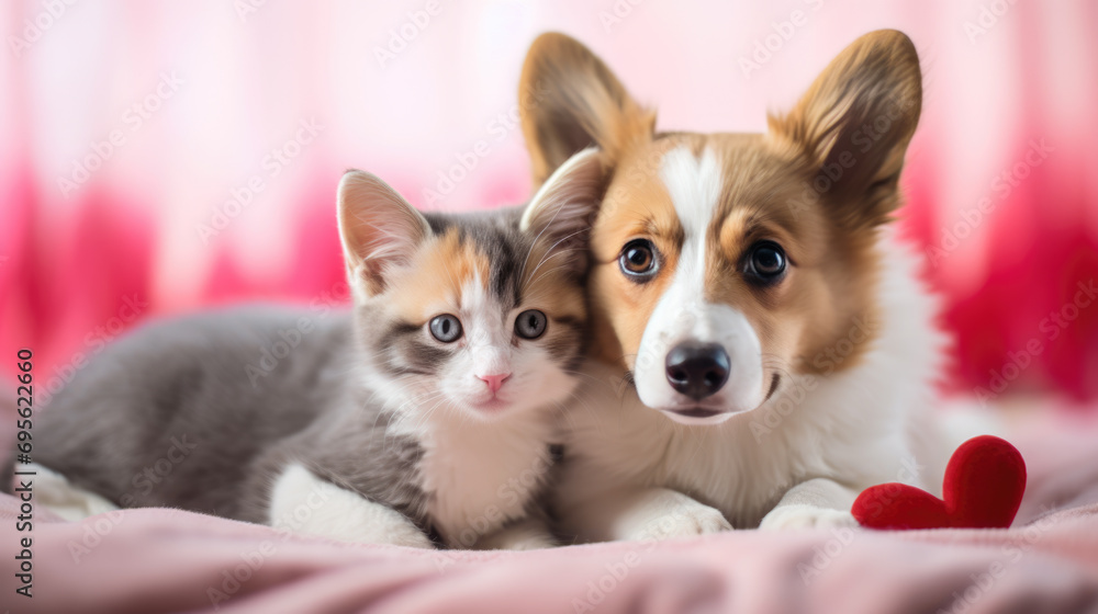 Canvas Prints cute puppy and a kitten lying close to each other on a blanket, with red heart-shaped plush toy near