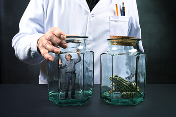 Biological experiment on human and frog, with scientist holding a jar