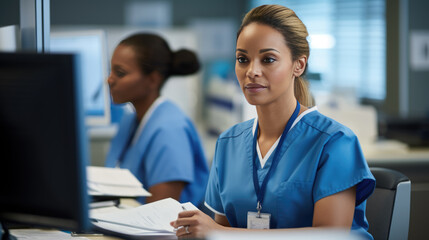 Healthcare worker in blue scrubs writing on a medical chart, indicating a busy hospital or clinic setting.