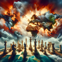 Fototapeta na wymiar Chess figures on world map on fire. Concept of geopolitics.