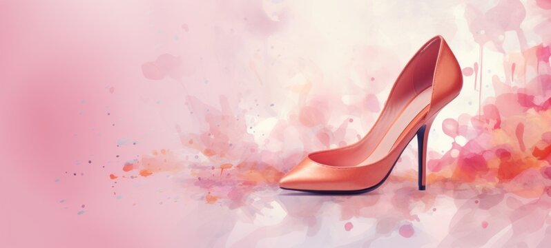 Watercolor fashion women high heeled shoe against the background of splashes and stains. In light pink color. Banner with copy space. Ideal for fashion blogs or retail advertisements