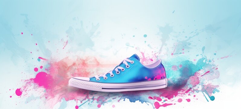Watercolor fashion sneaker in blue purple colors on a background of watercolor splashes and stains. Banner with copy space. Ideal for use in marketing materials, online stores, fashion blogs