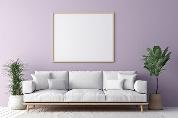 Scandinavian-style living room with a light lavender wall, an empty mockup frame, and minimalist, functional furniture 8k,