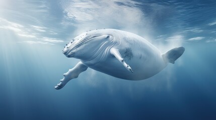 Majestic whale glides through deep blue waters. Suitable for educational content, ocean-themed artwork or documentaries.