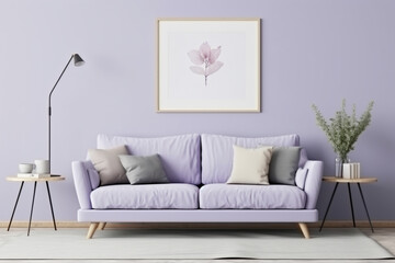 Scandinavian-style living room with a light lavender wall, an empty mockup frame, and minimalist, functional furniture 8k,