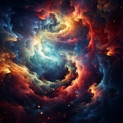 A mesmerizing digital abstract artwork featuring swirling galaxies of vivid colors and celestial elements against a dark cosmic expanse. - obrazy, fototapety, plakaty