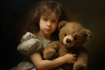 Cherished Little girl hugging her bear toy. Childhood at morning family comfort. Generate Ai
