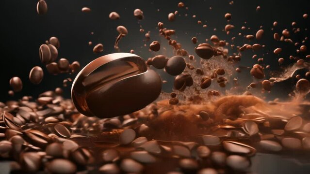 Coffee beans with coffee mockup falling and impact animation for advertisements