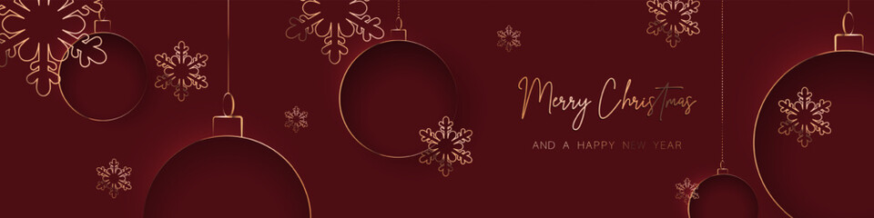 Fototapeta na wymiar Red gold minimal Christmas banner design. Simple background, elegant geometric minimalistic style. Contemporary papercut luxury greeting backdrop with merry xmas letters for web and advertising. 